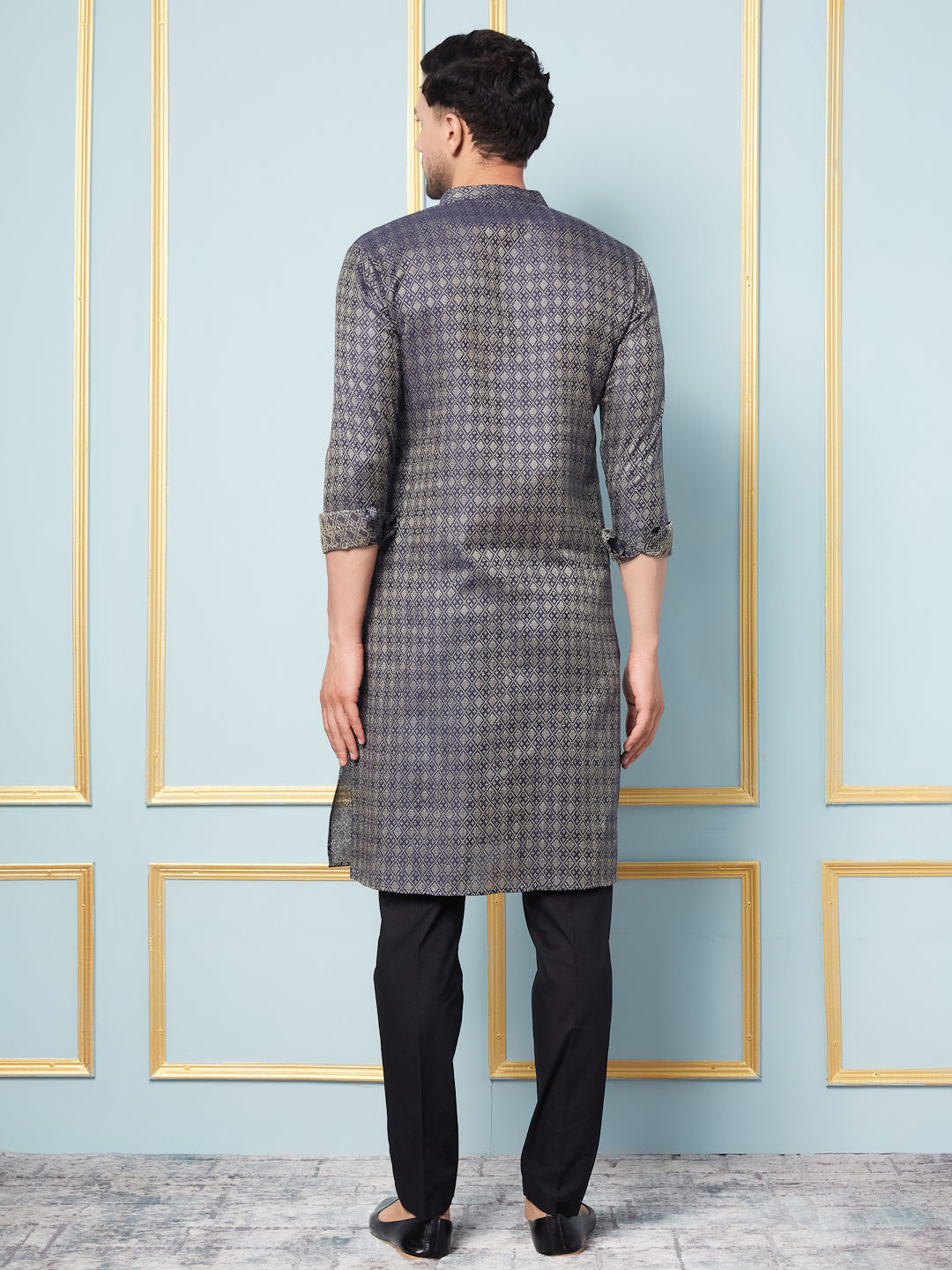 Men Blue & Gold Woven Design Thread Work Kurta With pyjama