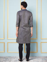 Men Blue & Gold Woven Design Thread Work Kurta With pyjama