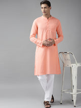 Men Peach Cotton Straight Kurta with Slub Effect With Pajama