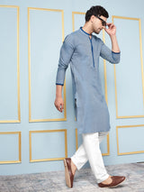 Men Blue and Weaving Design Kurta With pyjama