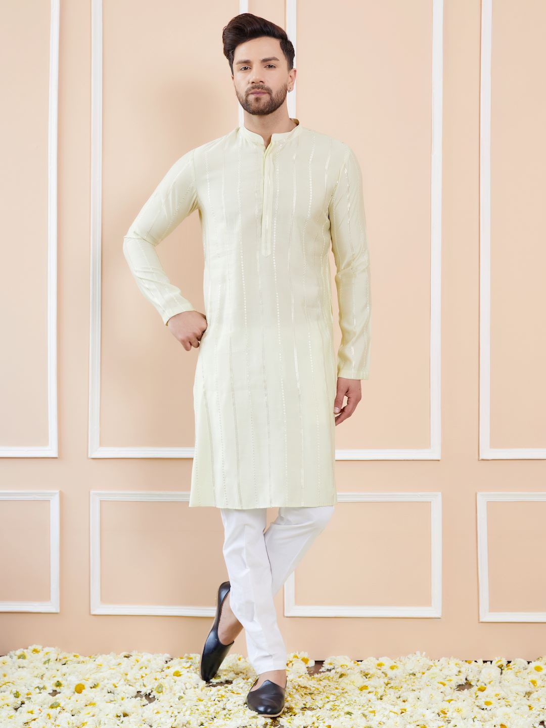 Men Cream with Subtle Golden Stripes Chanderi Silk Sequins Kurta With Pajama