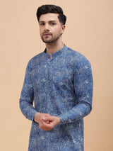 Men Blue Pure Cotton Printed Straight Kurta With Pajama