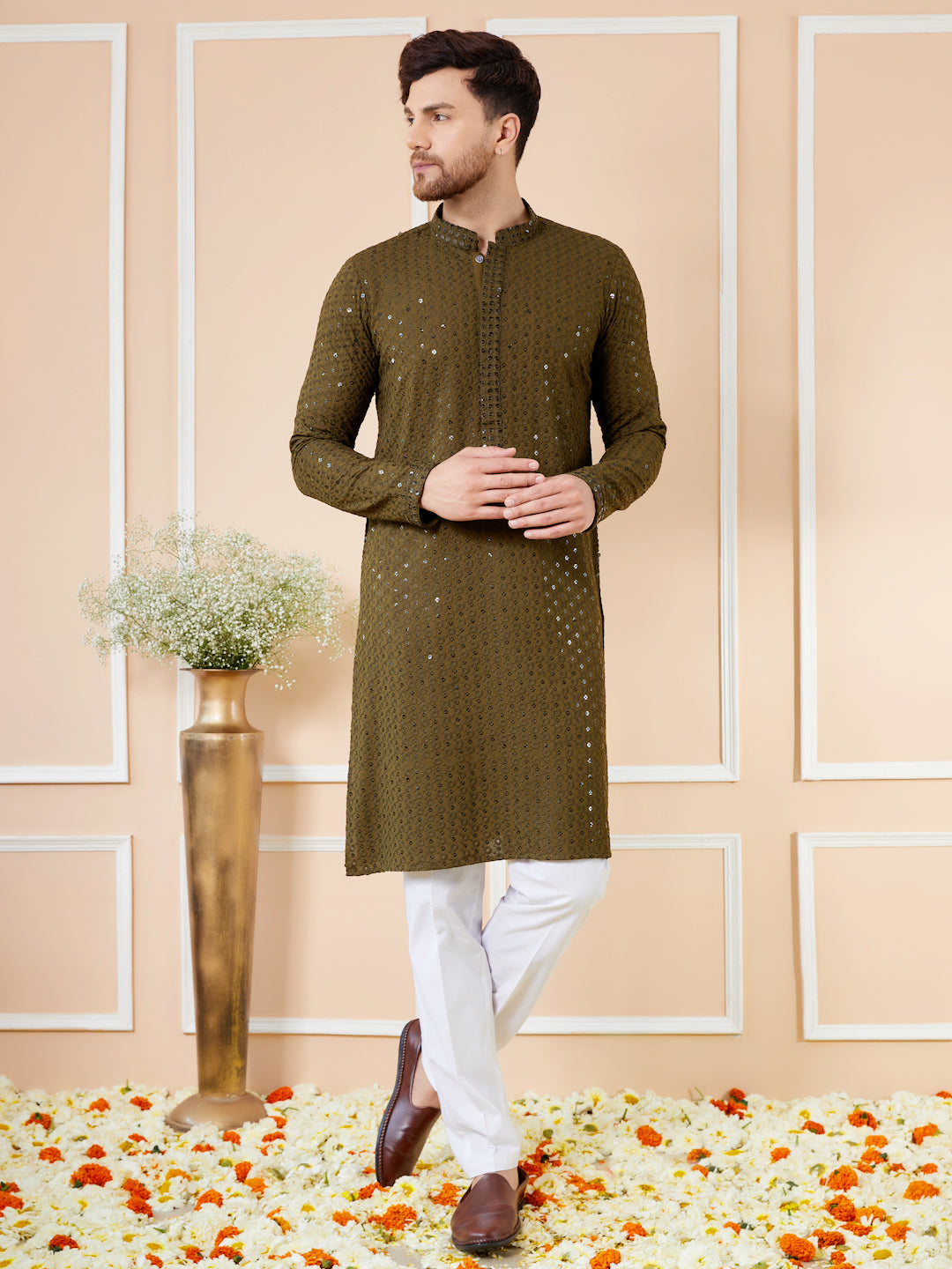 Men Olive Floral Embroidered Sequin Rayon Kurta