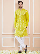 Men Lime Green And Gold Rayon Embroidery Sequins Kurta