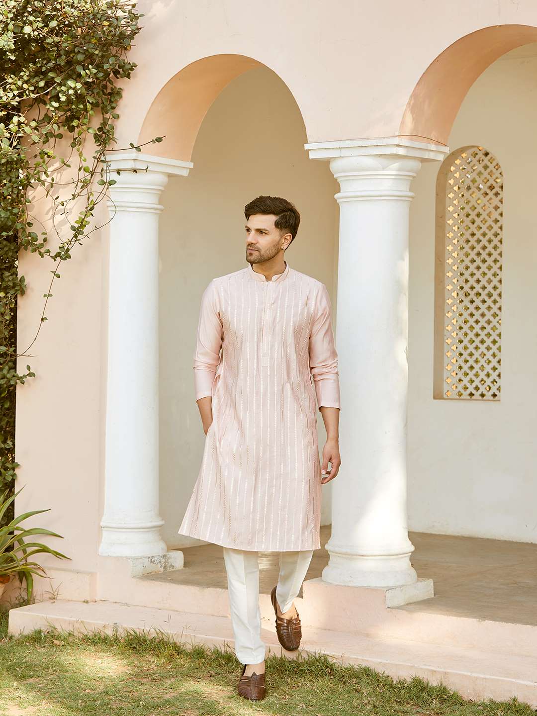 Men Pink And Gold Chanderi Silk Sequins Kurta With Pajama