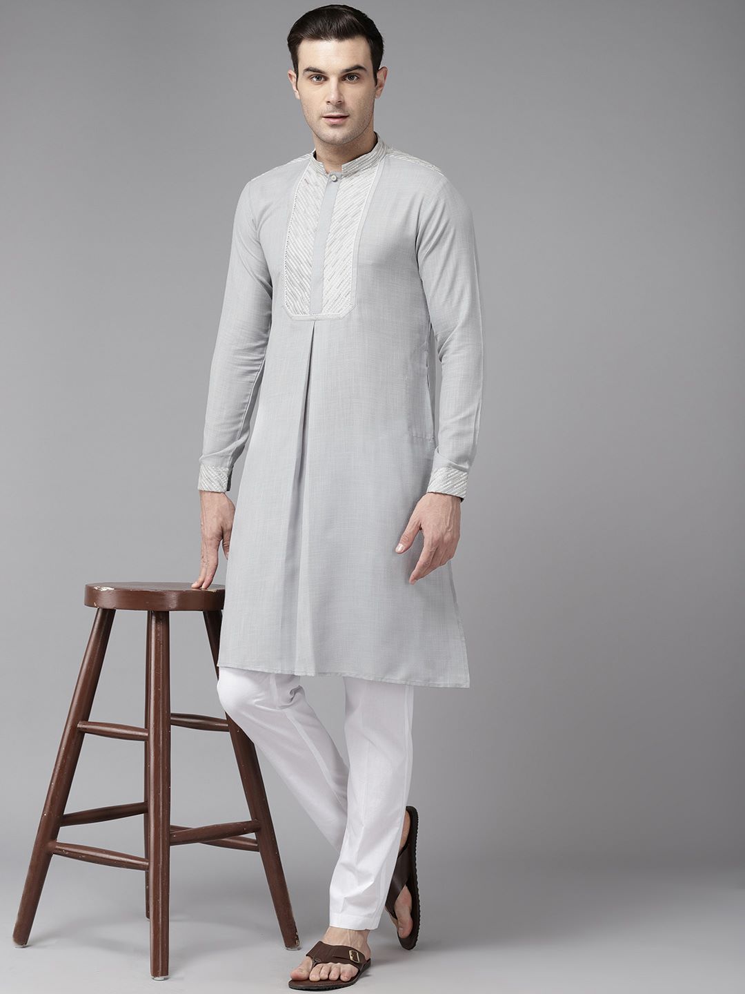 Men Grey Zari Work Silk Woven Design Straight Kurta With Pajama