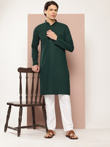 Men Green Embroidered Sequin Rayon Kurta