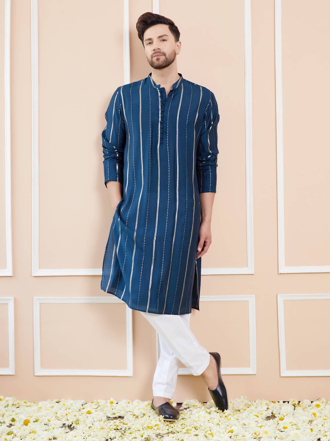 Men Deep Midnight Blue with Gold Stripes Chanderi Silk Sequins Kurta With Pajama