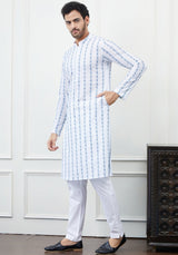 Men White And Blue Floral Chikankari Embroidery Cotton Kurta