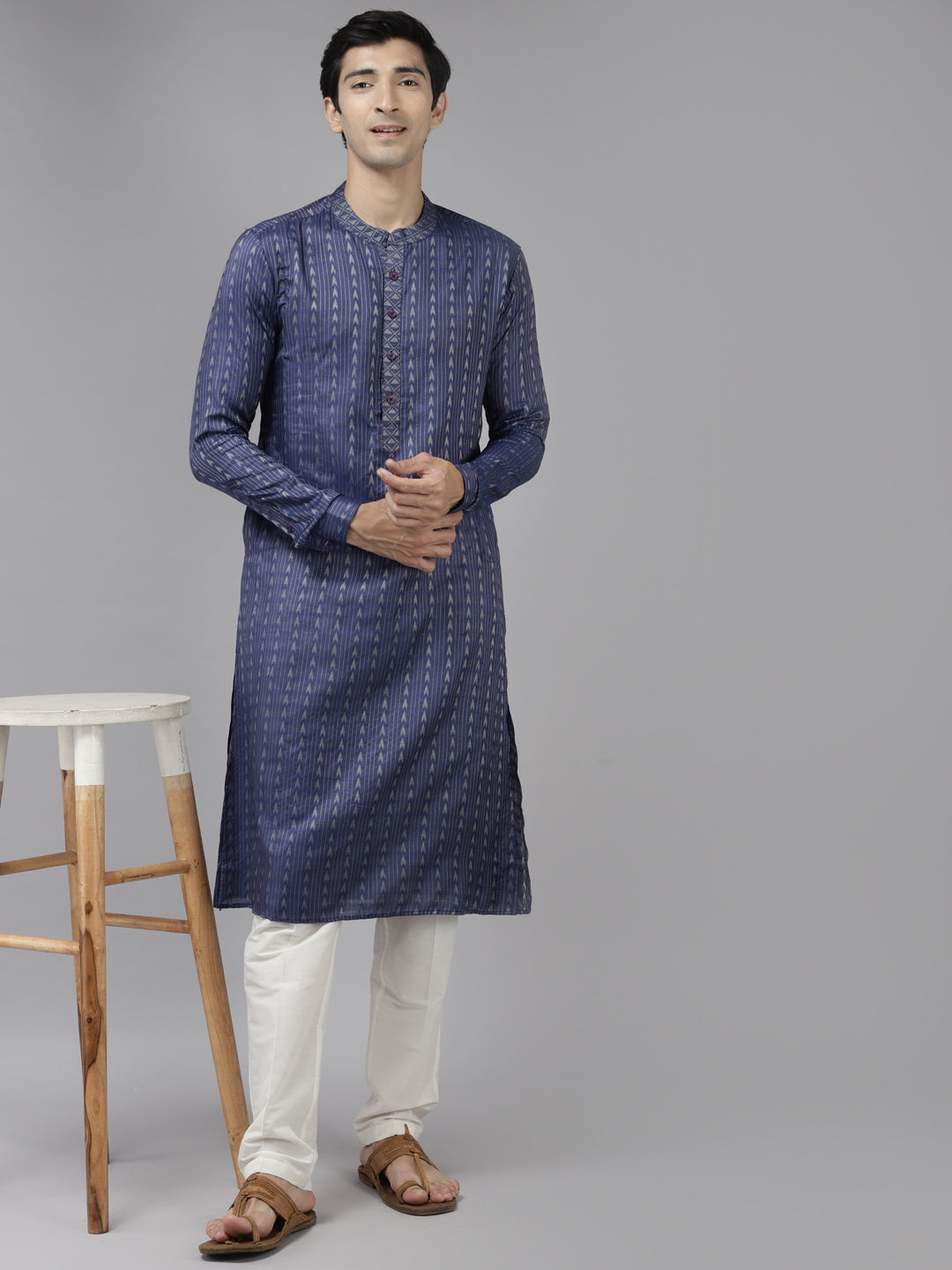 Men Purple & Beige Woven Design Thread Work Kurta