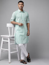 Men Green Regular Pure Cotton Pathani Printed Men's Kurta With White Salwar