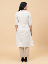 Women Off White And Gold Stripe Thread Work Yoke Design Cotton Kurti