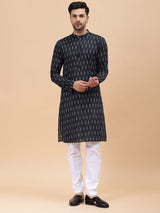 Men Black & White Pure Cotton Printed Straight Kurta With pyjama