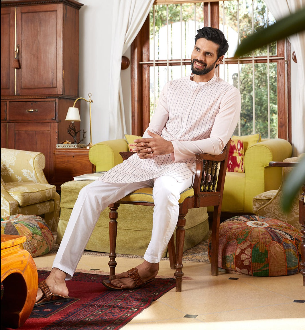 Men Blush Pink with Navy Stripes Cotton Pintex Design Sequins Kurta