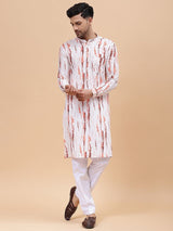 Men White & Orange Pure Cotton Printed Straight Kurta With pyjama