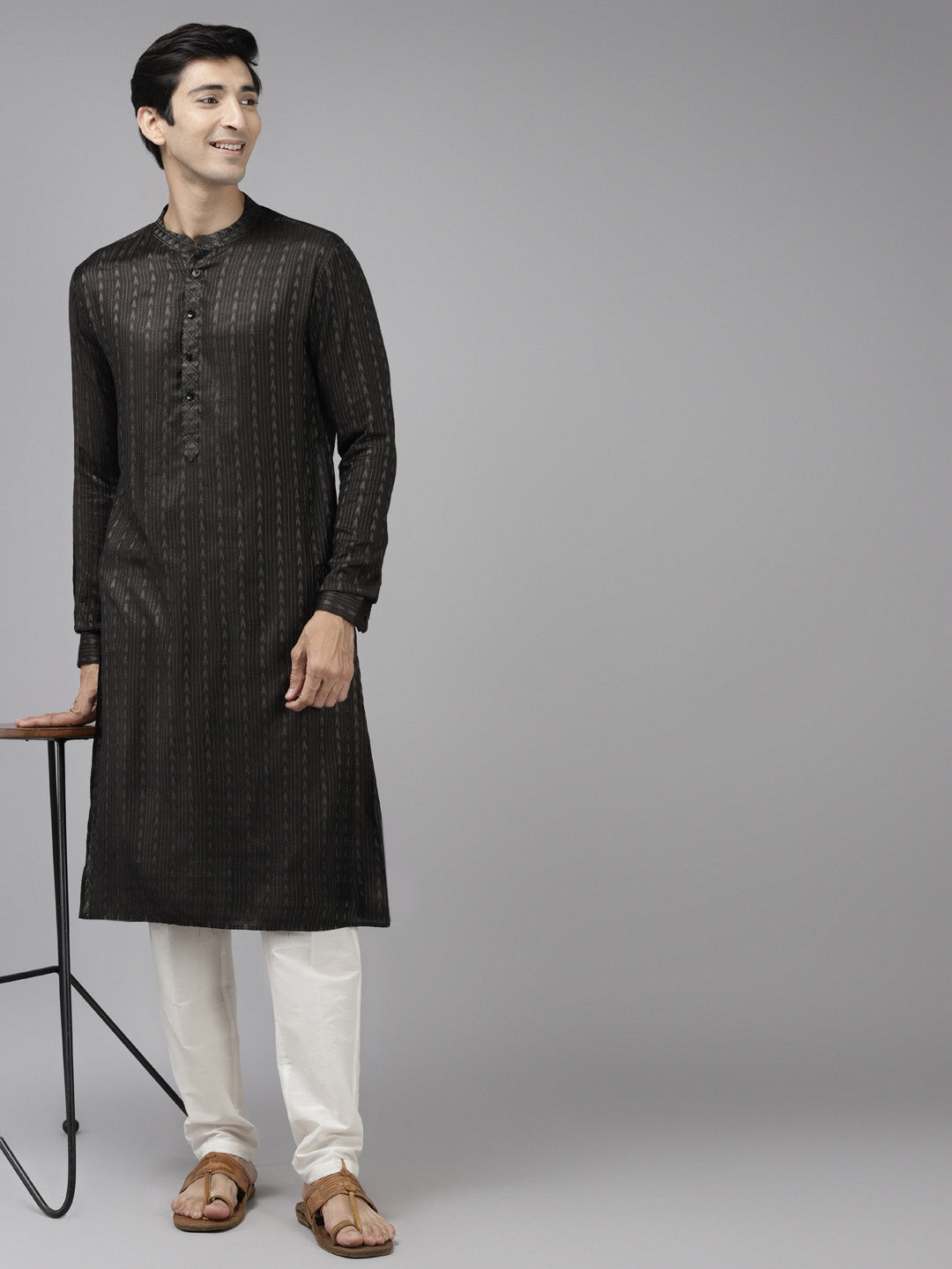 Men Olive & Beige Woven Design Thread Work Kurta