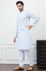 Men Blue And White Chikankari Embroidered Cotton Kurta