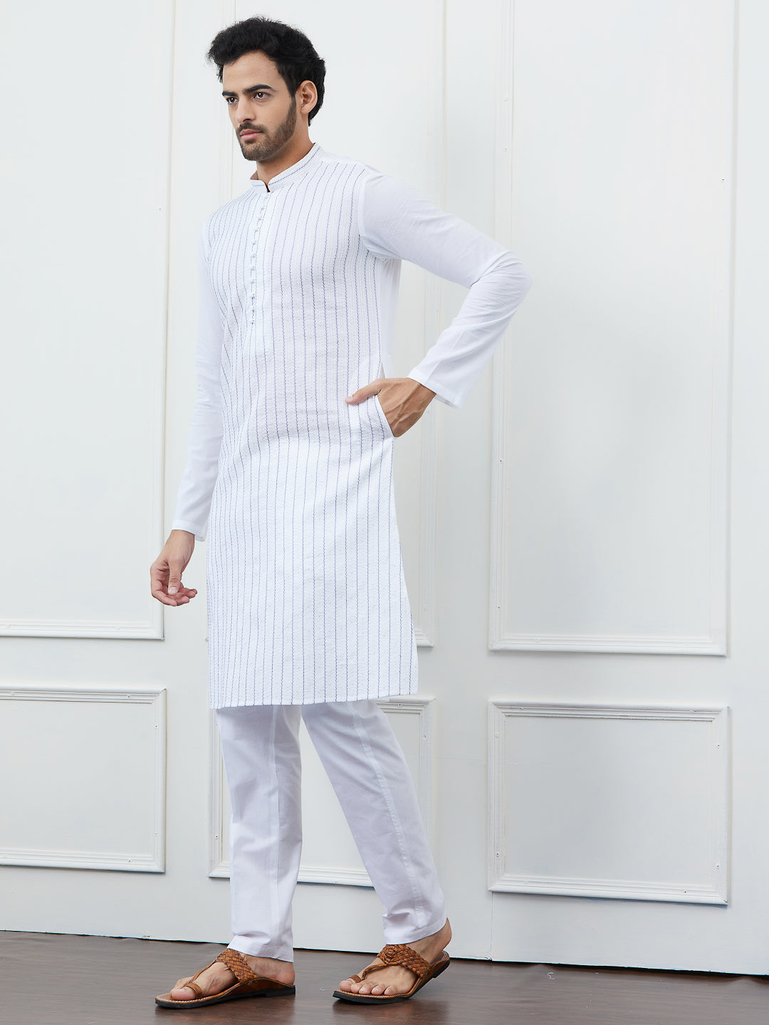 Men White Cotton Kurta with Blue Thread Work