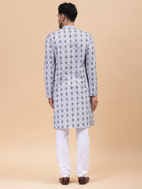 Men Off White & Blue Pure Cotton Embroidered Straight Kurta With pyjama