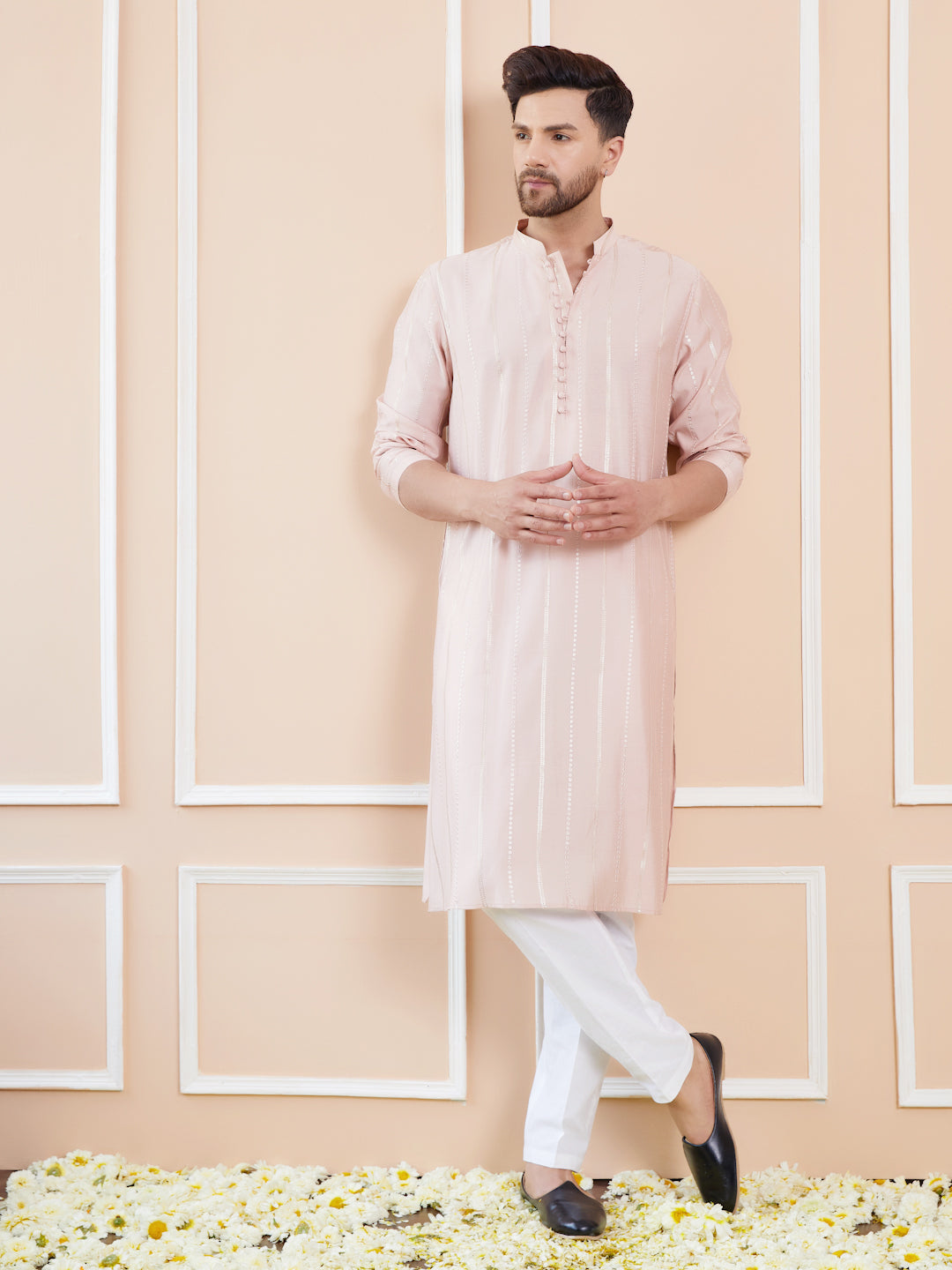 Men Blush Pink Chanderi Silk Sequins Kurta