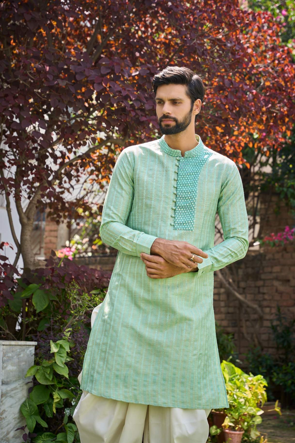 Men Light Green and Turquoise Yoke Design Sequins Kurta