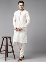 Men Off White & Multi Color Pure Cotton Embroidered Straight Kurta With Pajama