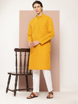 Men Mustard Embroidered Sequin Rayon Kurta