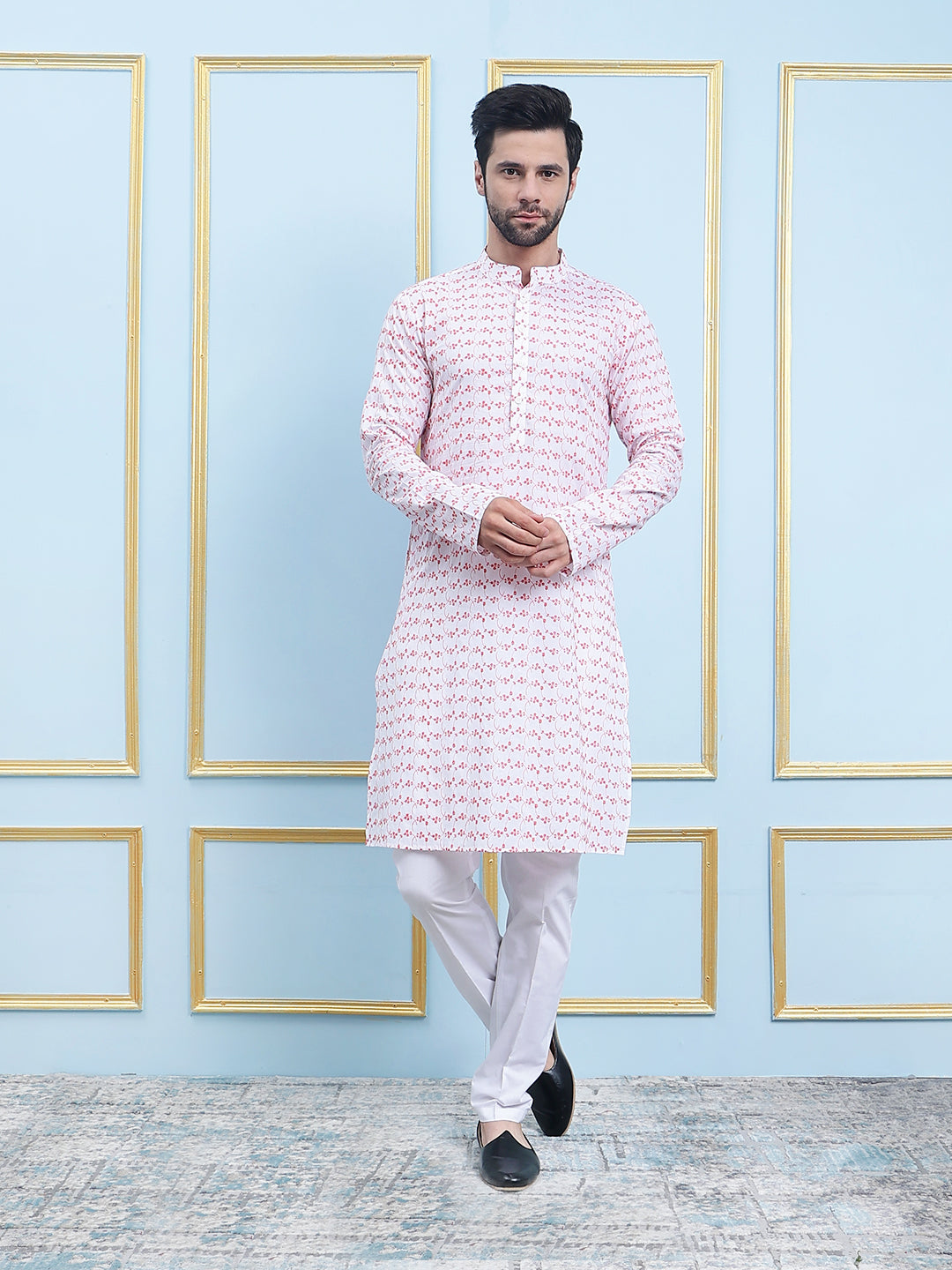 Riwaat.com Men White & Red Chikankari Embroidered Cotton Kurta Riwaat Chikankari Cotton Embroidered