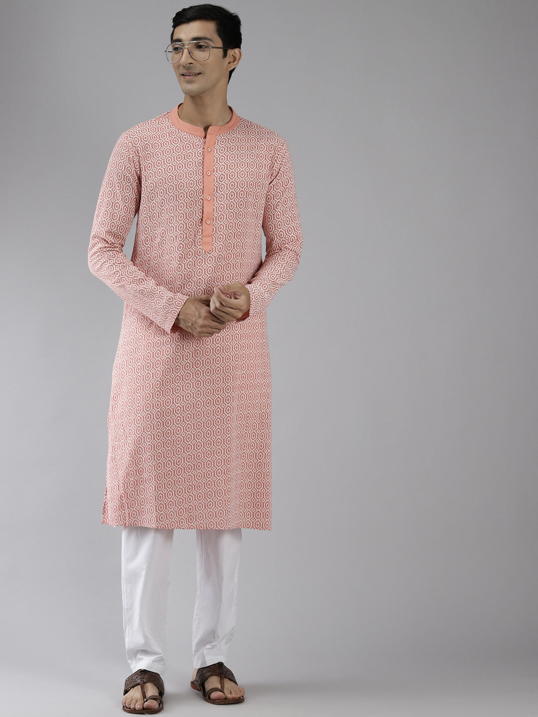 Men Peach & White Ethno Trend Printed Pure Cotton Straight Kurta