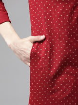 Men Maroon & Gold Printed Straight Kurta With Pyjama