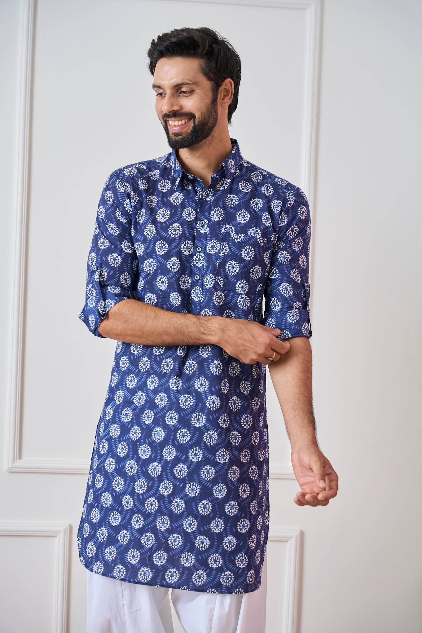 Riwaat.com Men Indigo Regular Pure Cotton Pathani Kurta Riwaat Floral Pathani