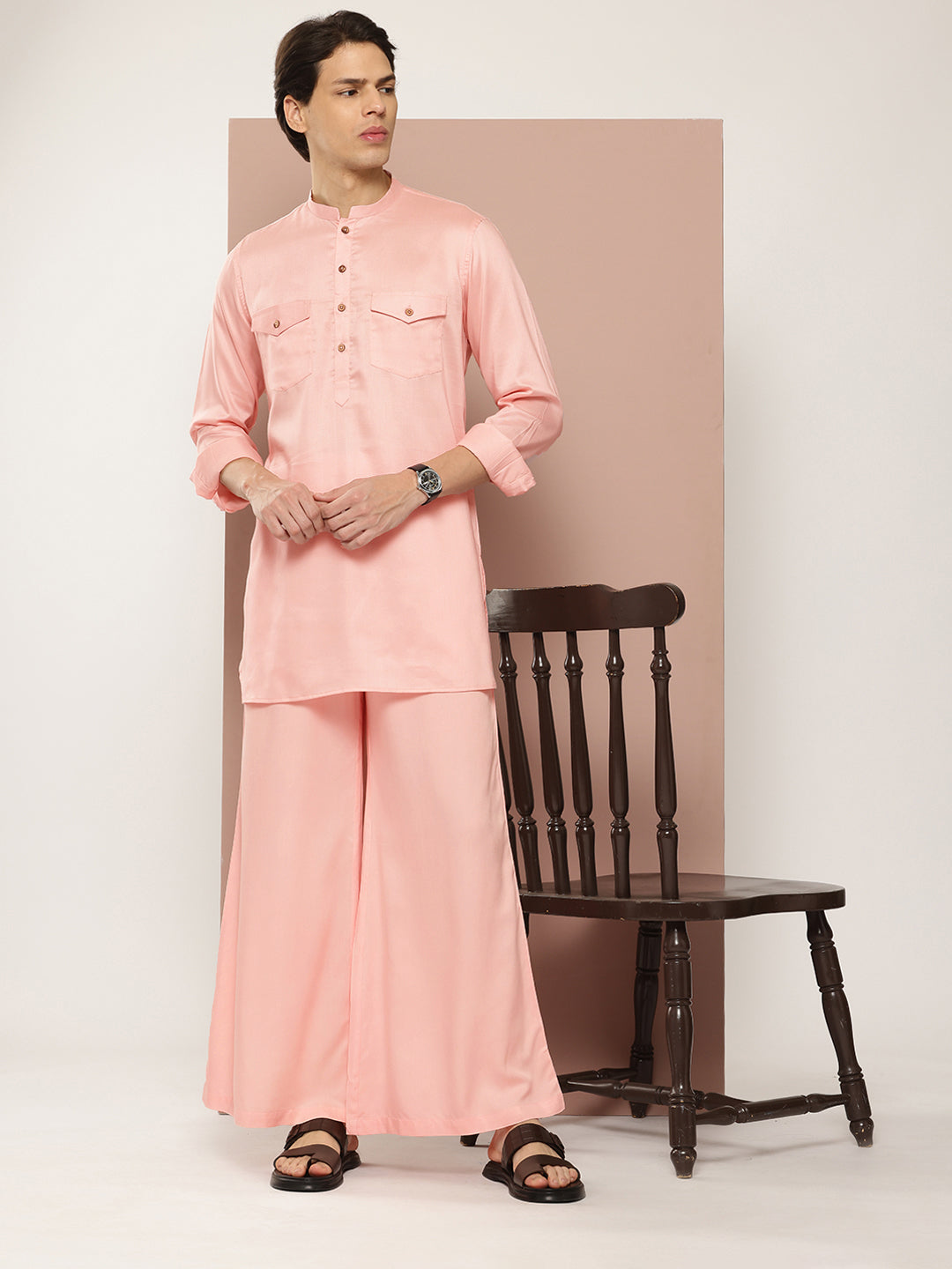 Men Pink Rayon Solid Pathani Sets