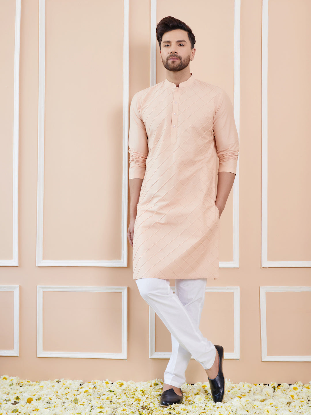 Men Peach Cotton Silk Pintex Design Thread Work Kurta