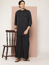 Men Black Rayon Solid Pathani Sets