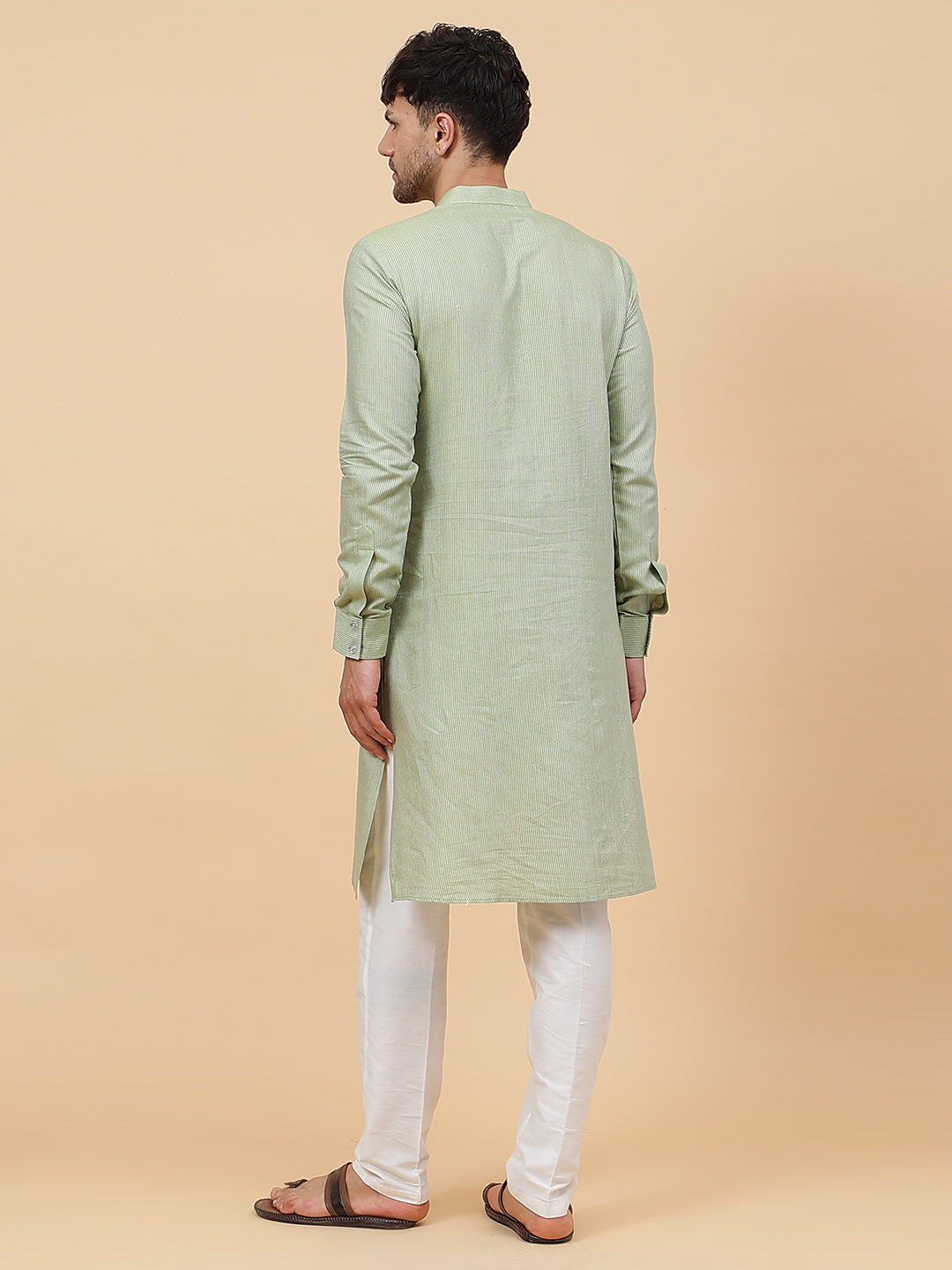 Men Green and Silver Thread Work Kurta With pyjama