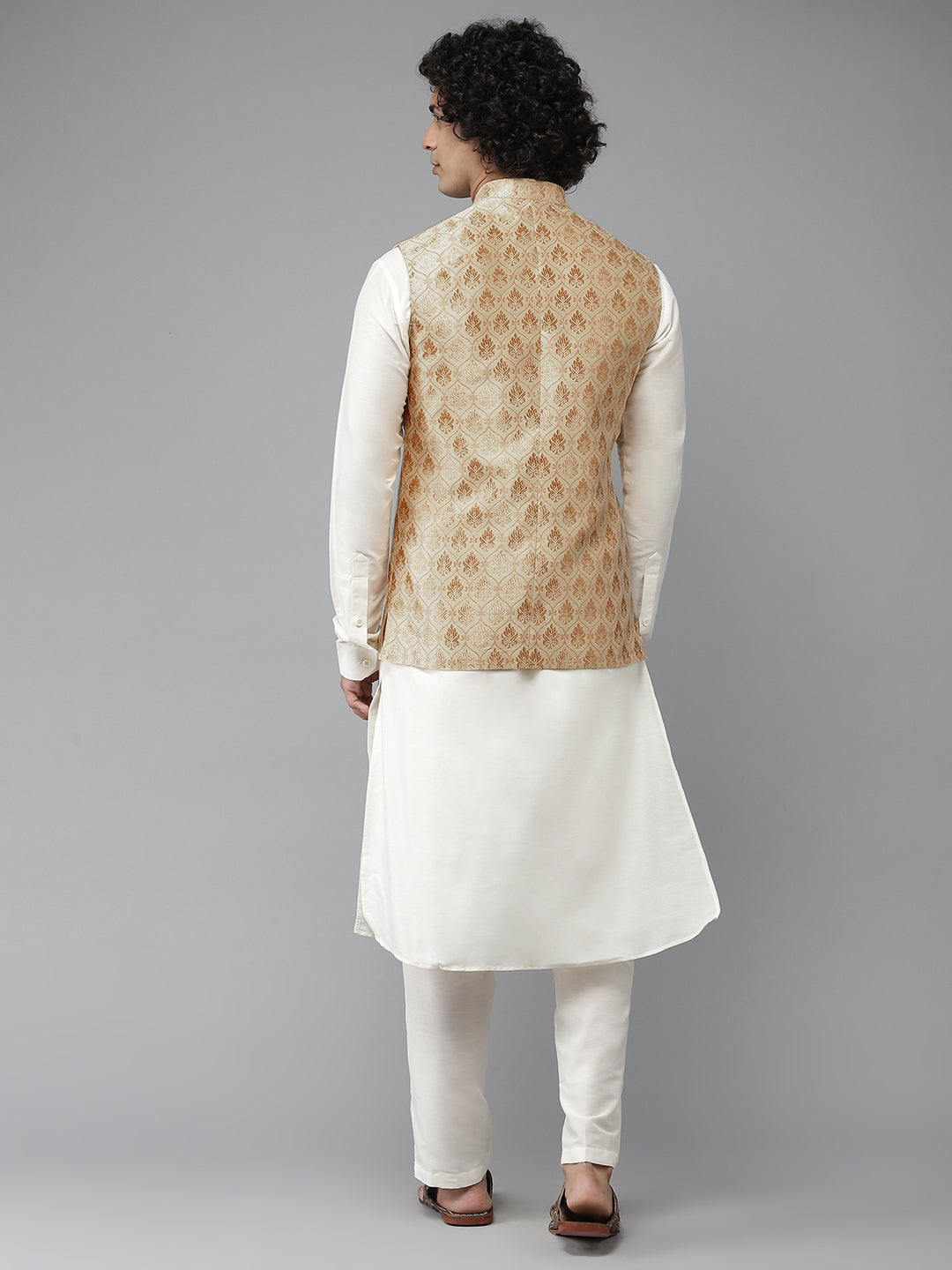 Riwaat.com Men Gold & White Solid Kurta Pajama With Nehru jacket Riwaat Indo Western