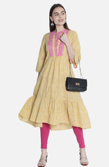 Women Mustard And Pink Printed Dress