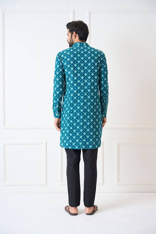 Men Teal Blue Regular Pure Cotton Pathani Kurta With Black Pyjama