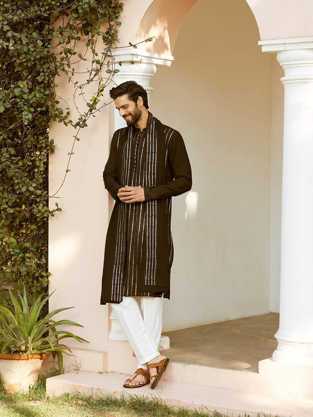 Men Jet Black with Silver Stripes Chanderi Silk Sequins Kurta With Pajama