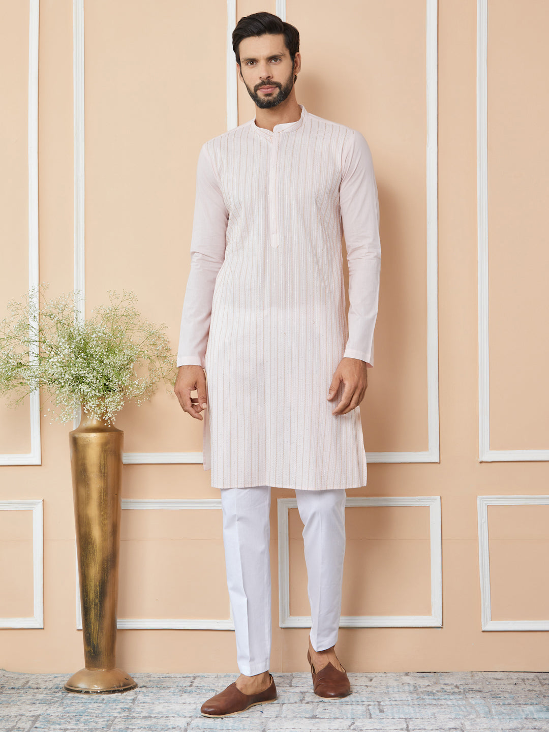 Light Pink Thread & Sequins Worked Pure Cotton Straight Kurta with Pyjama