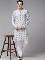 Men Off White & Blue Pure Cotton Embroidered Straight Kurta With Pajama