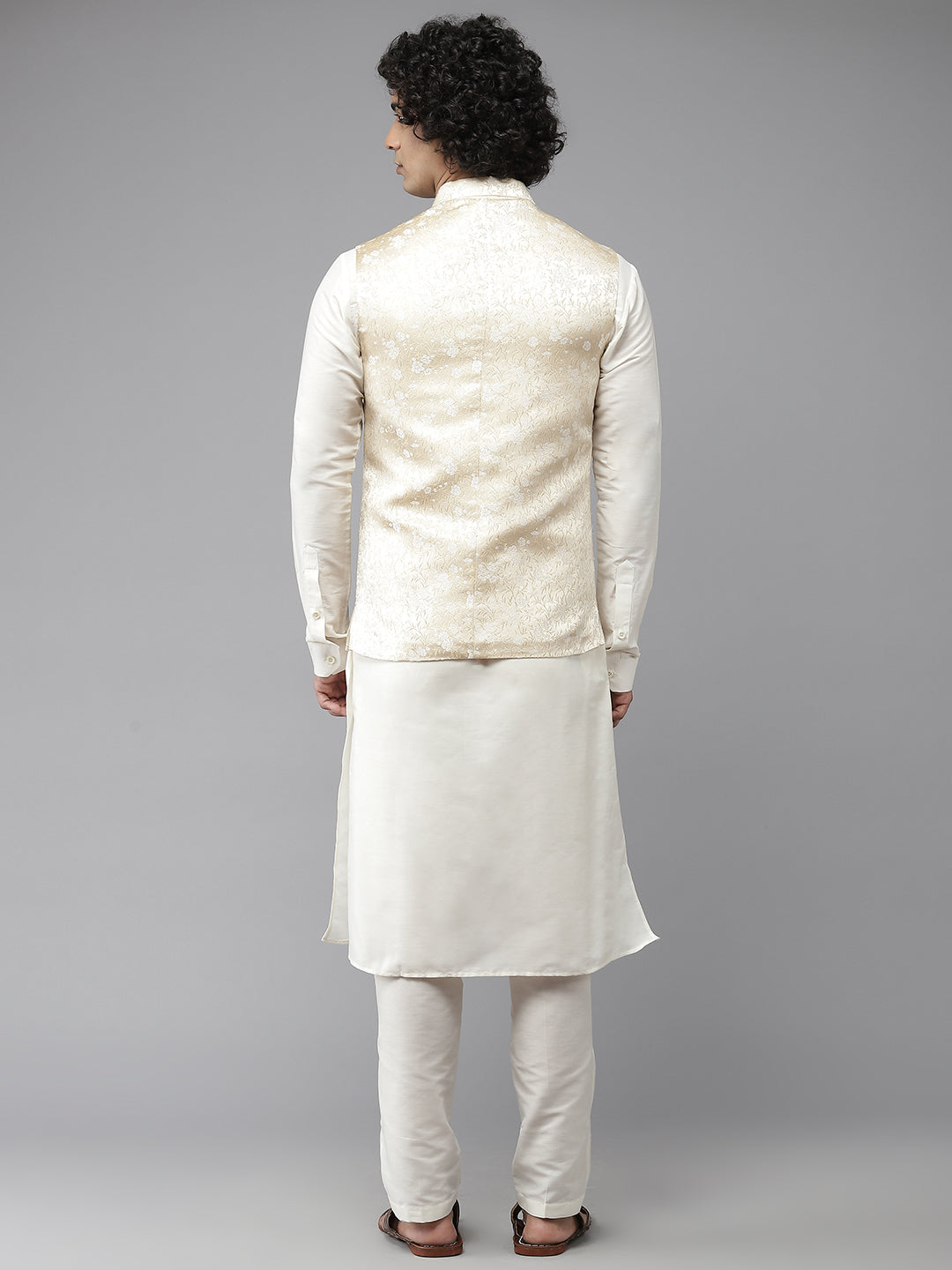 Riwaat.com Men White Solid Kurta Pajama With Golden Petal Nehru jacket Riwaat Indo Western