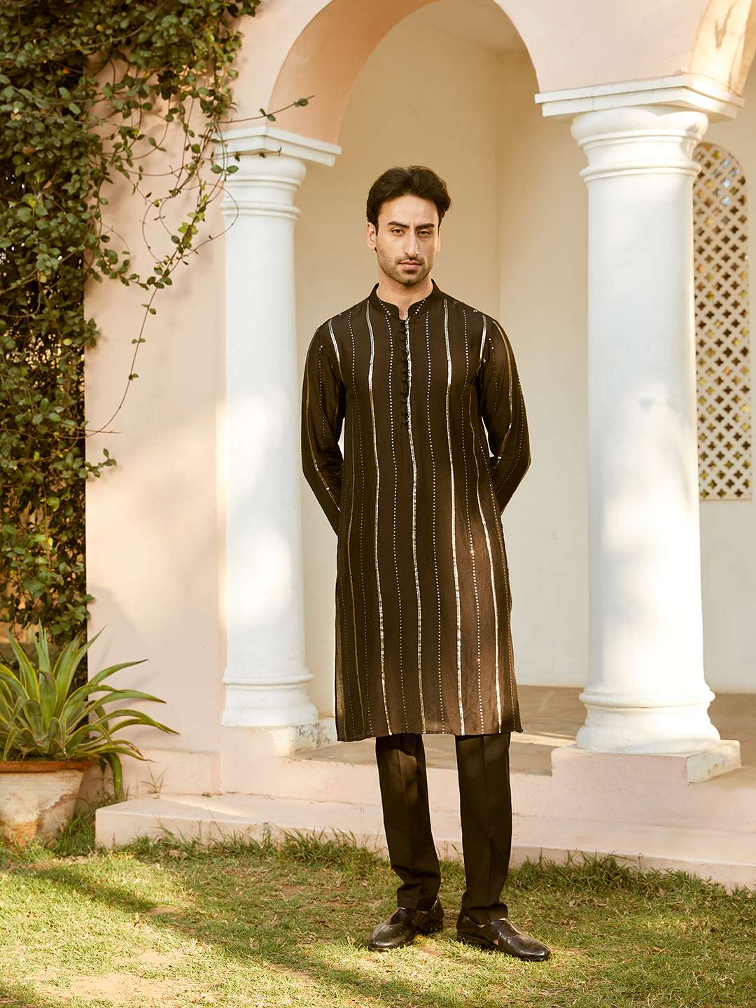 Men Black And Gold Chanderi Silk Sequins Kurta