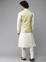 Riwaat.com Men Lime Yellow & White Solid Kurta Pajama With Nehru Jacket Riwaat Haldi Indo Western