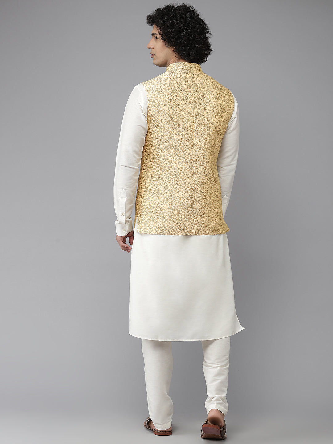 Riwaat.com Men White Solid Kurta Pajama With Golden Filigree Nehru jacket Riwaat Indo Western