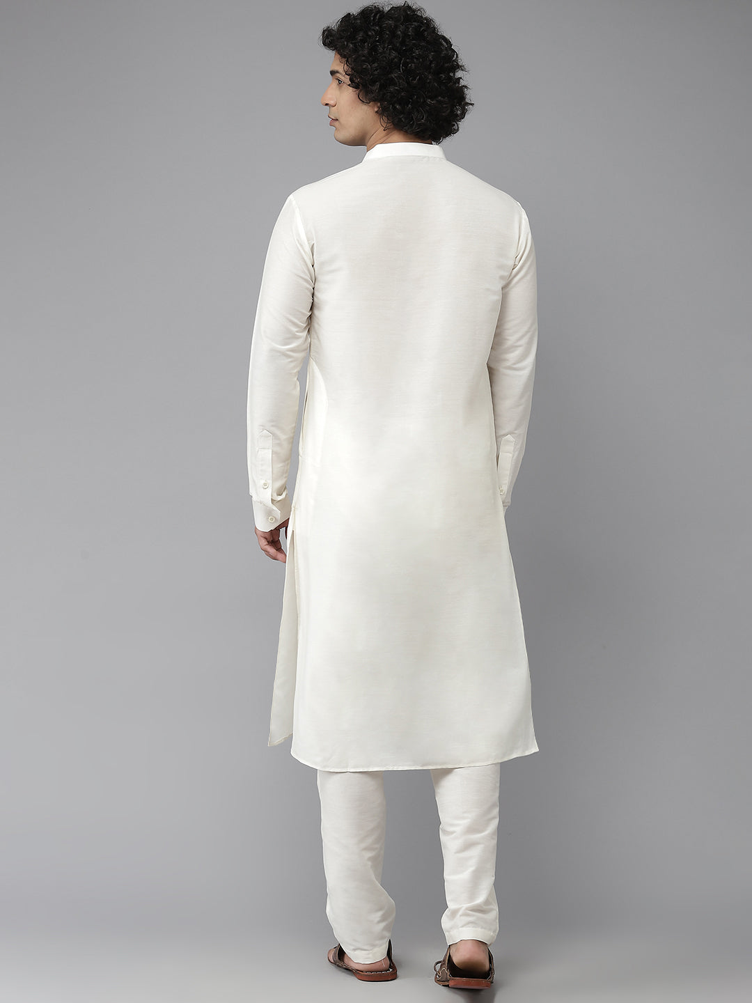 Men White Cotton Silk Straight Kurta