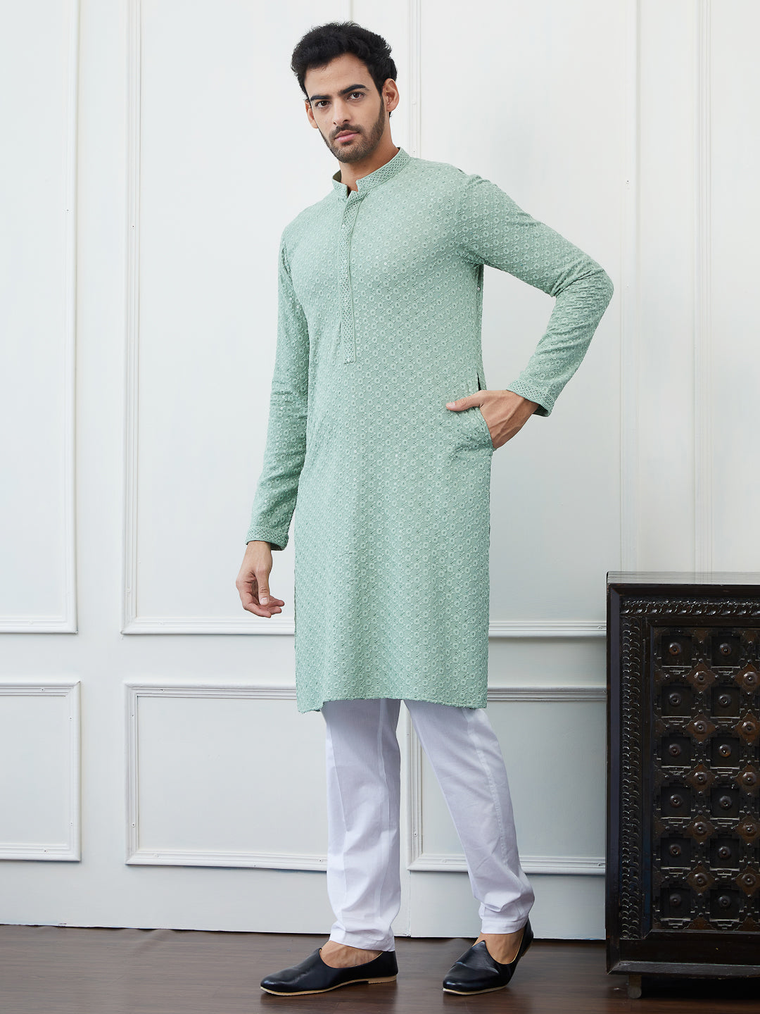 Men Mint Whisper Embroidered Sequined Rayon Kurta