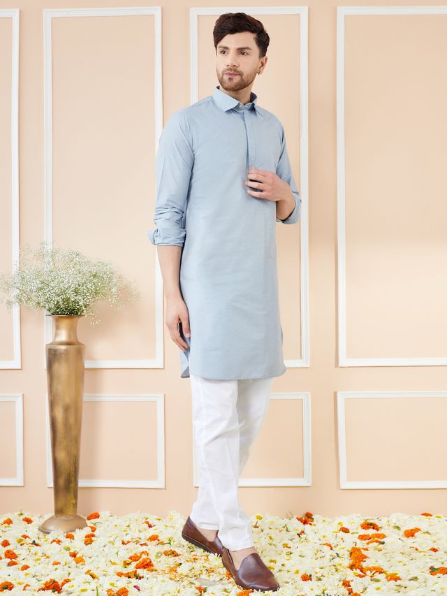 Men Blue Cotton Solid Pathani Kurta