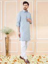 Men Blue Cotton Solid Pathani Kurta