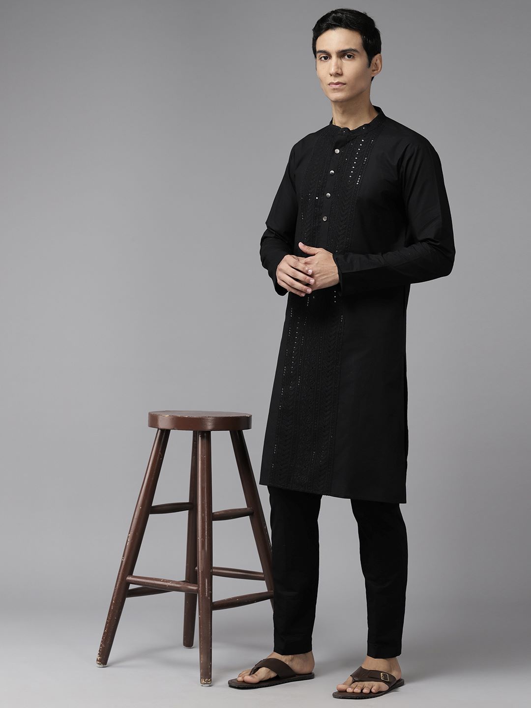 Men Midnight Black Pure Cotton Embroidered Straight Kurta With Pajama